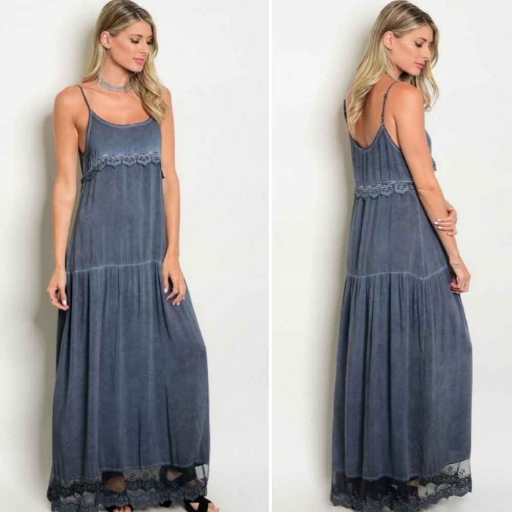 NWT Andree Blue Stonewashed Lace Hem Maxi Dress Size Small